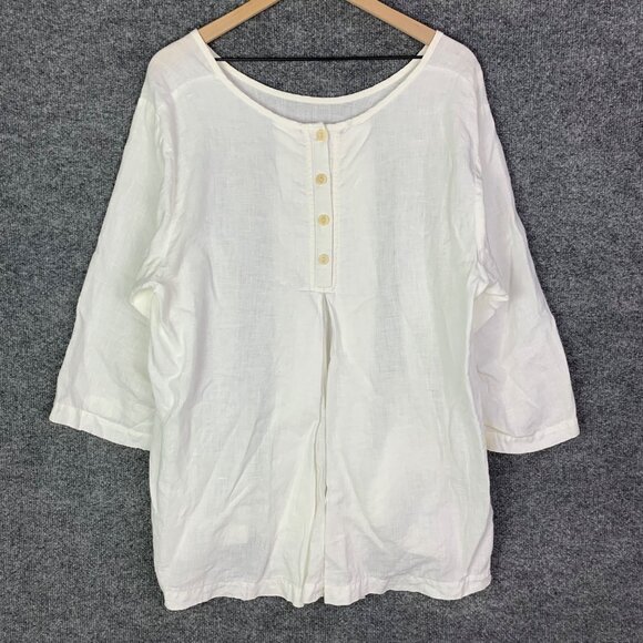 FLAX Women's Sz Large 100% Linen White Tunic Top 1/4 Button  Boxy‎ Top - Picture 1 of 11